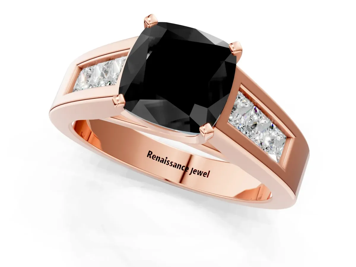 Fancy Black Cushion Cut Cut Channel Set Solitaire Ring with Four-Prong Setting Rose gold
