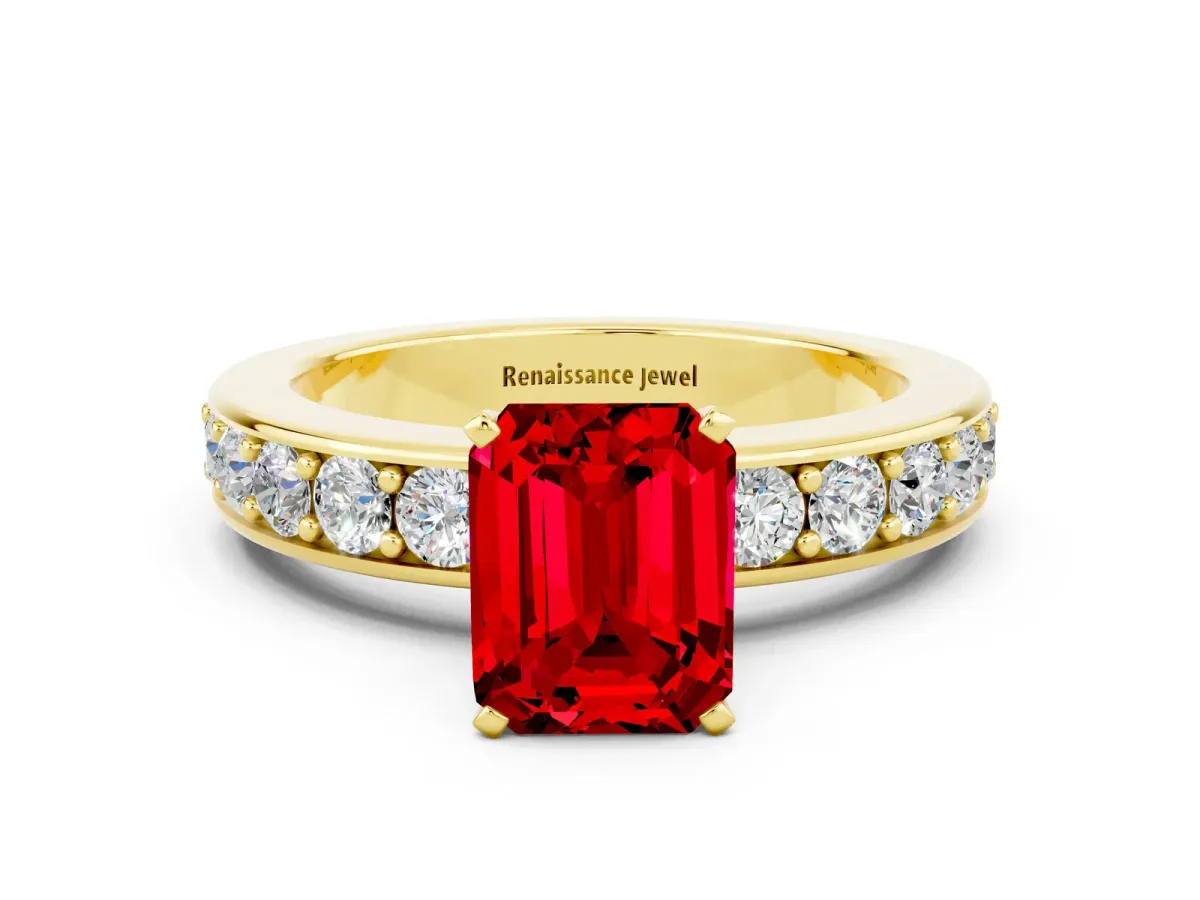 Emerald Cut Ruby Engagement Ring with Channel Set Round Band and Prong Setting Yellow gold