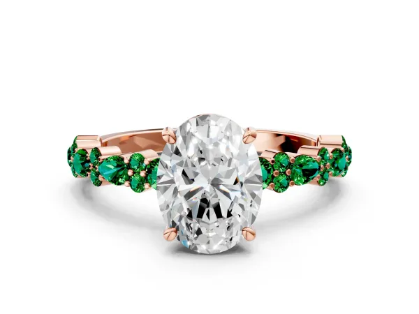 Oval Cut Diamond Side Stone Solitaire Ring with Round Emerald and Four-Prong Setting Rose gold