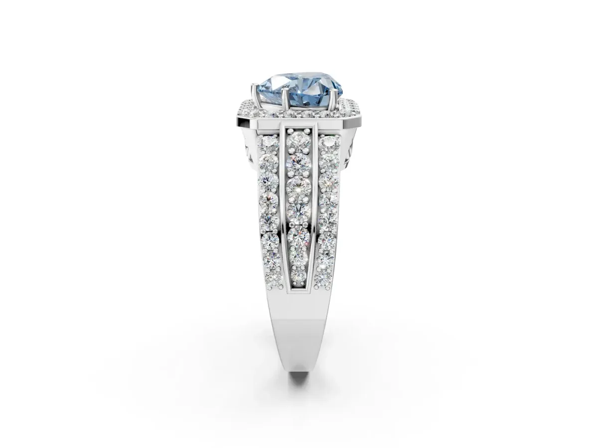 Fancy Blue Heart Cut Halo Diamond Ring with Round Split Shank and Prong Setting Platinum