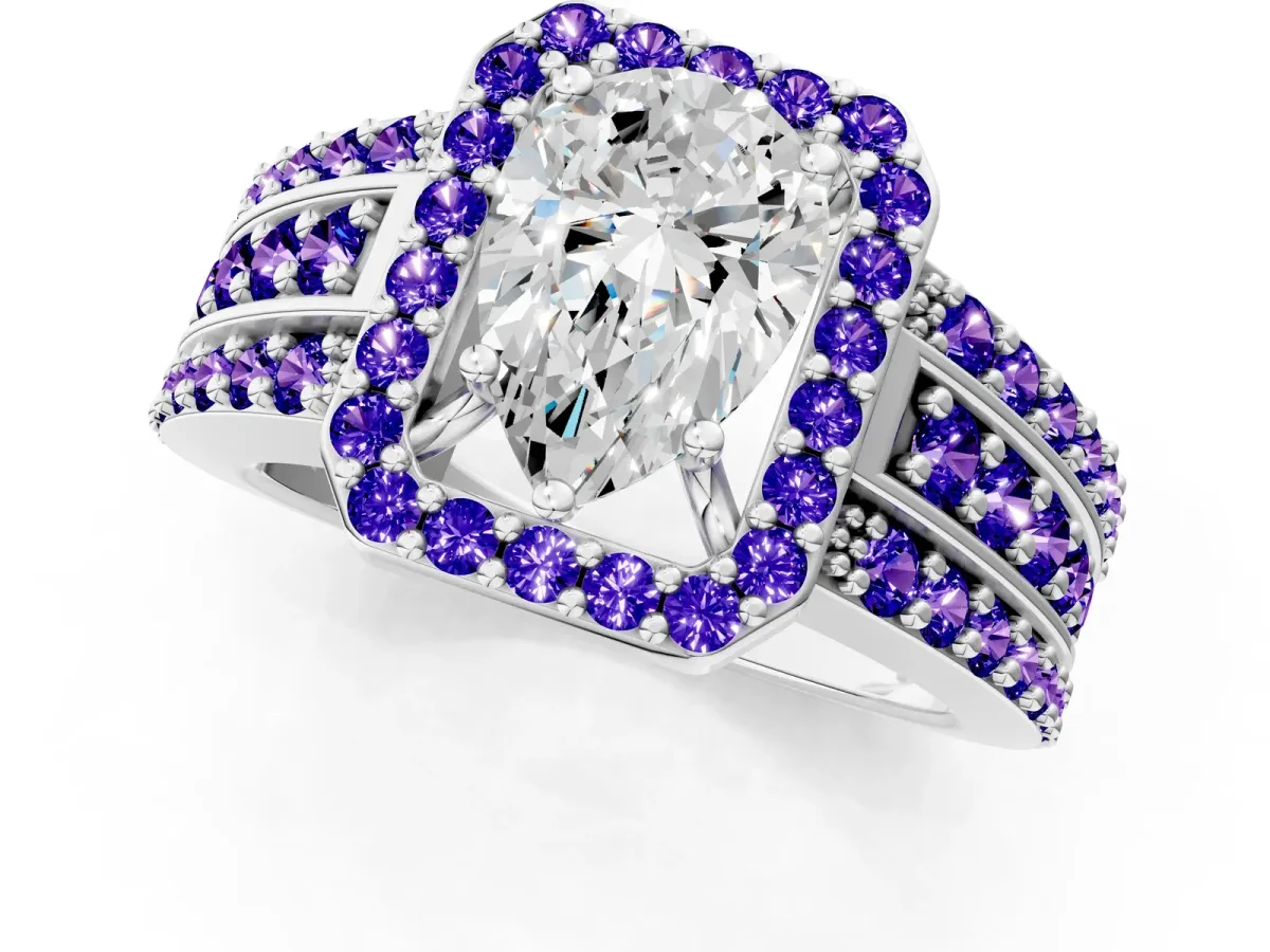Pear Cut Halo Diamond Ring with Round Tanzanite Split Shank and Prong Setting Platinum