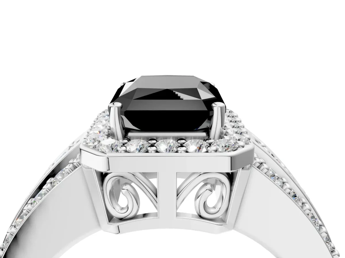 Fancy Black Radiant Cut Halo Diamond Ring with Round Split Shank and Prong Setting Silver