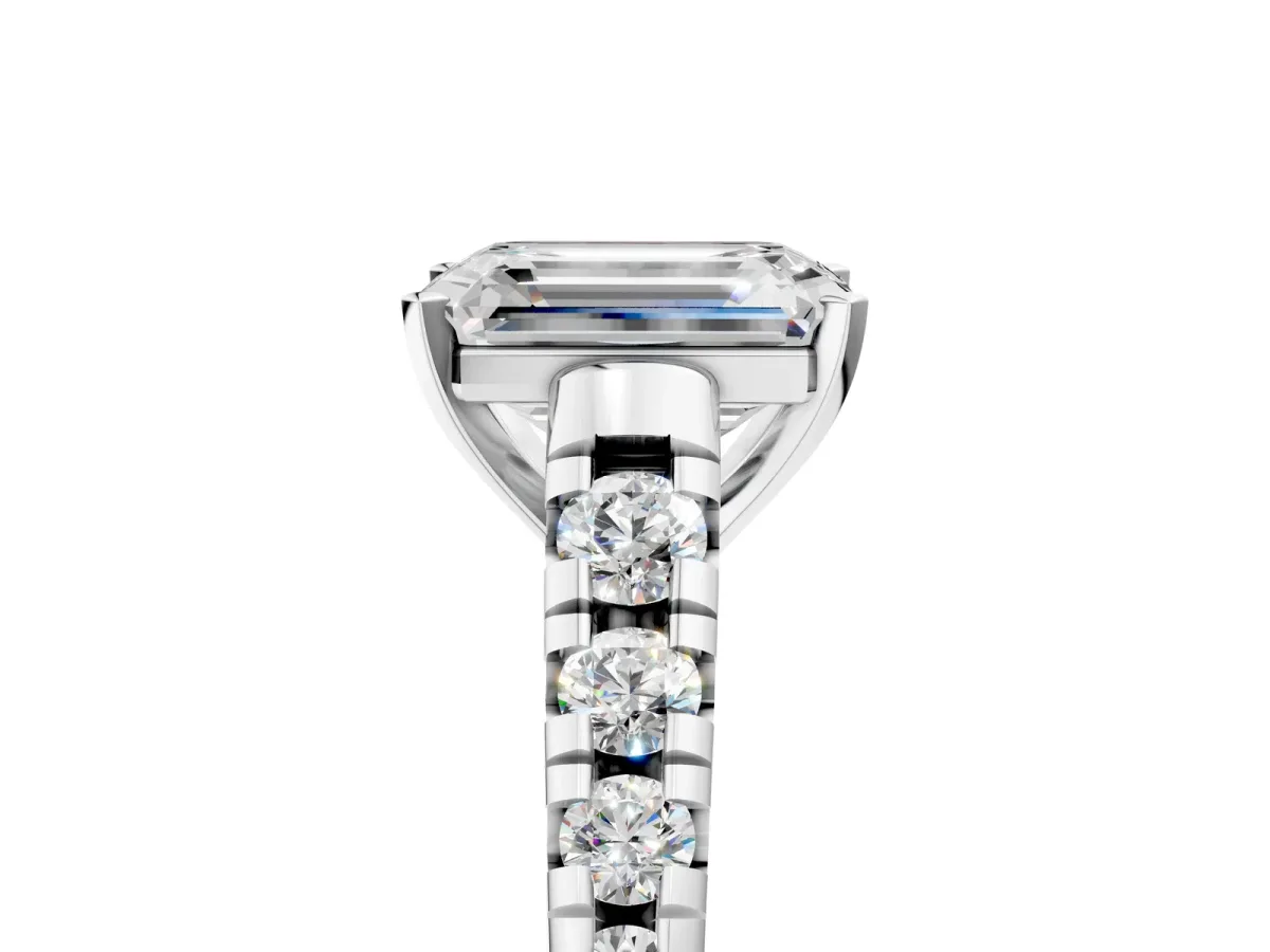 Emerald Cut Diamond Cathedral Solitaire Ring with Round Pavé Band Platinum
