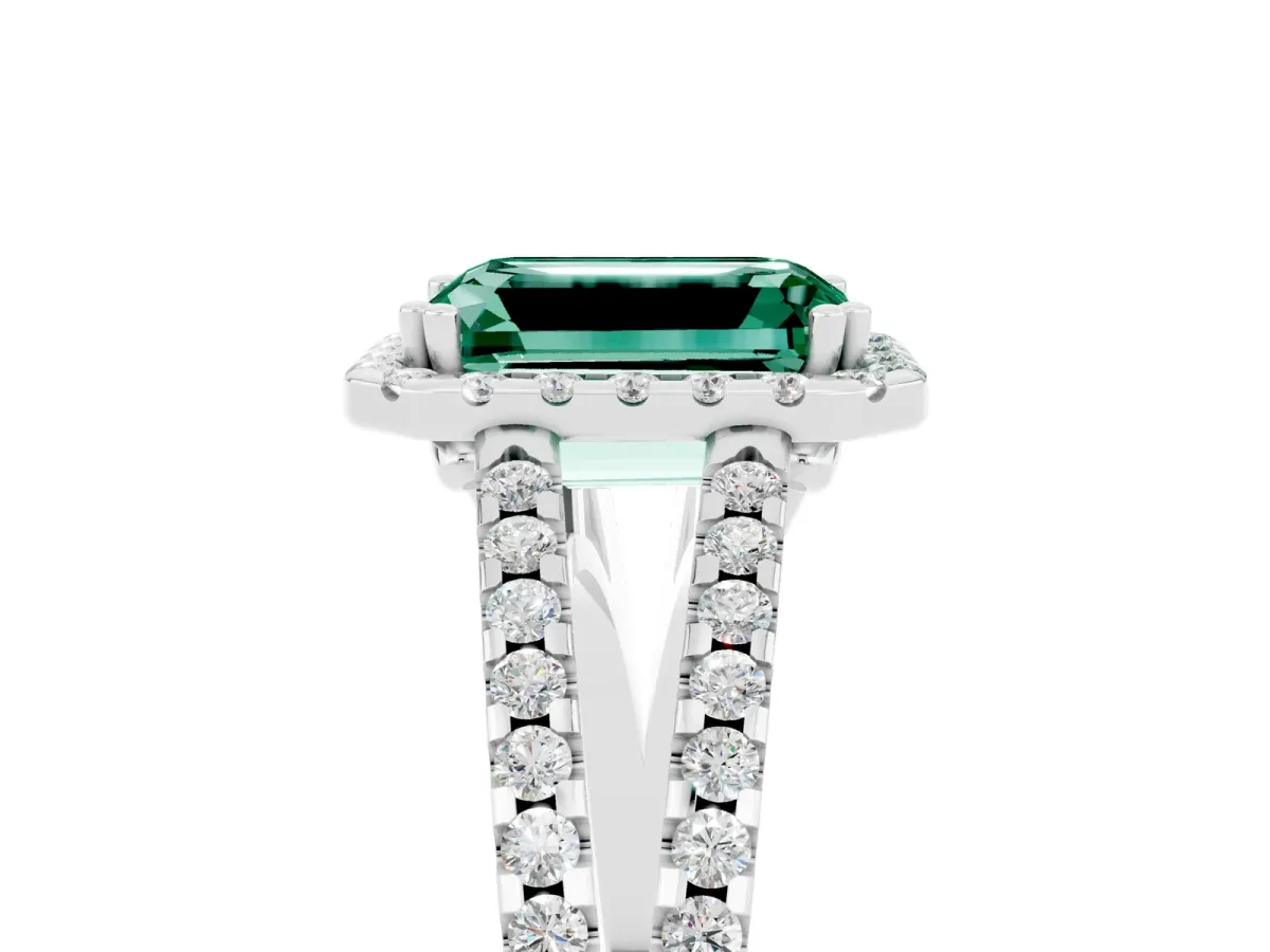 Emerald Cut Green Sapphire Halo Split Shank Engagement Ring Platinum