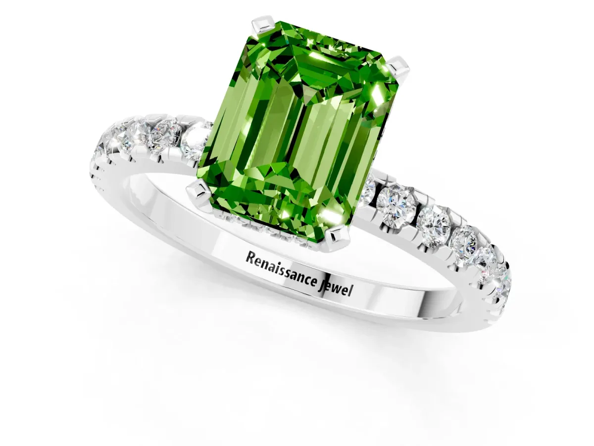 Emerald Cut Peridot Solitaire Ring with Round Pavé Band and Four-Prong Setting Silver