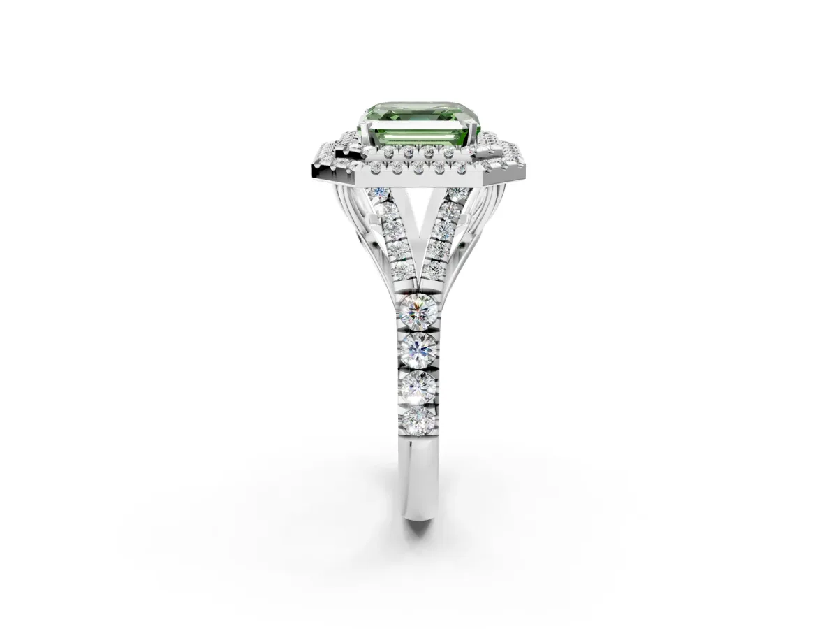 Fancy Green Asscher Cut Diamond Pavé Split Shank Double Halo Engagement Ring Platinum