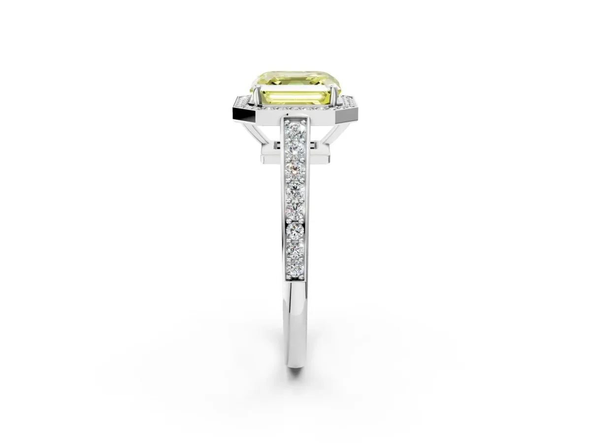 Fancy Yellow Asscher Cut Halo Pavé Diamond Engagement Ring with Bezel Setting Silver