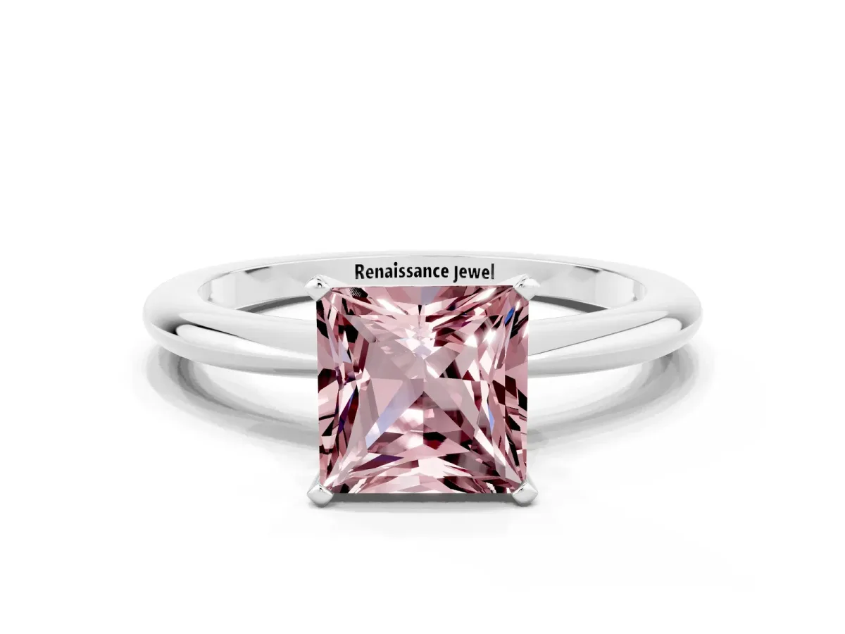 Princess Cut Morganite Solitaire Ring with Six-Prong Setting and Classic Band Silver