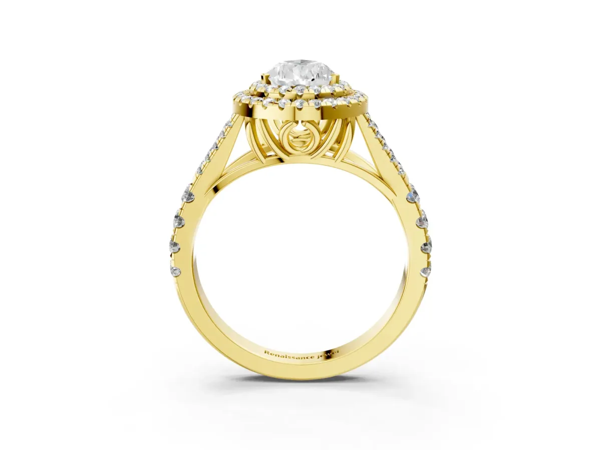 Pear Cut Diamond Double Halo Ring with Split Shank and Prong Setting Yellow gold