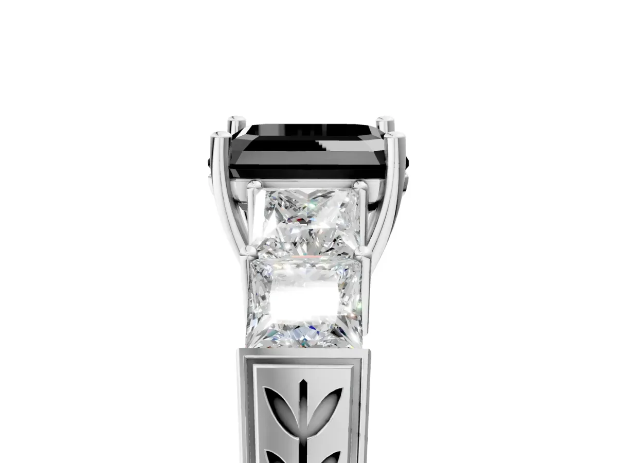 Fancy Black Asscher Cut Solitaire Princess Side Stone Engraved Band Prong Setting Ring Platinum