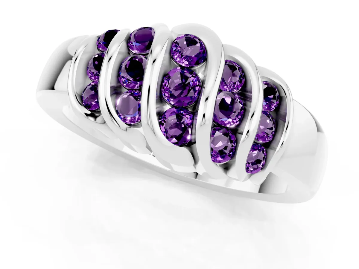 Round Amethyst Multi-Row Crossover Band White gold