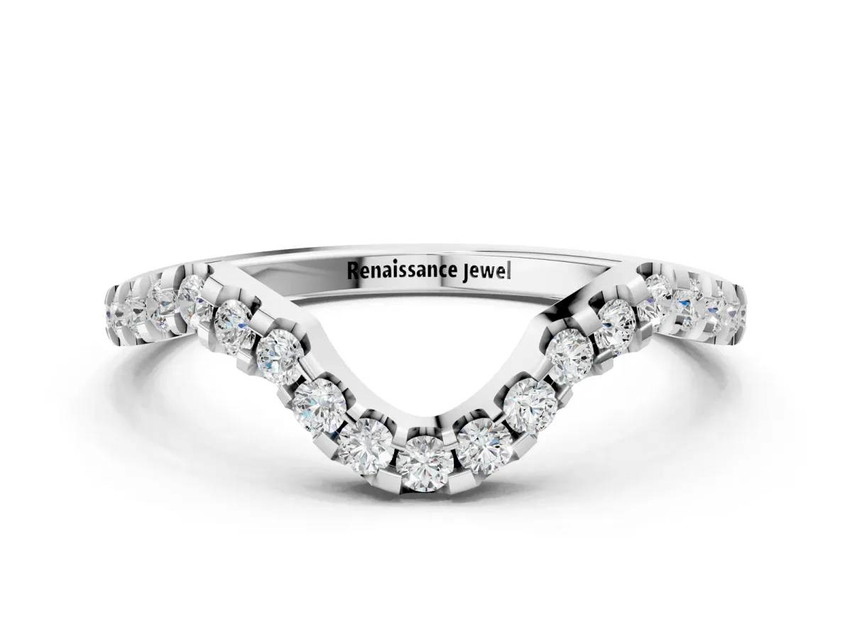 Round Diamond Pavé Chevron Wedding Band with Prong Setting Silver