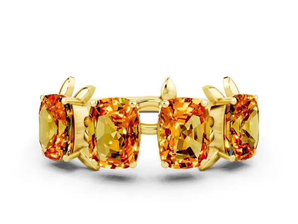 Four-Stone Elongated Cushion Citrine Band with Nature-Inspired Prong Setting Yellow gold