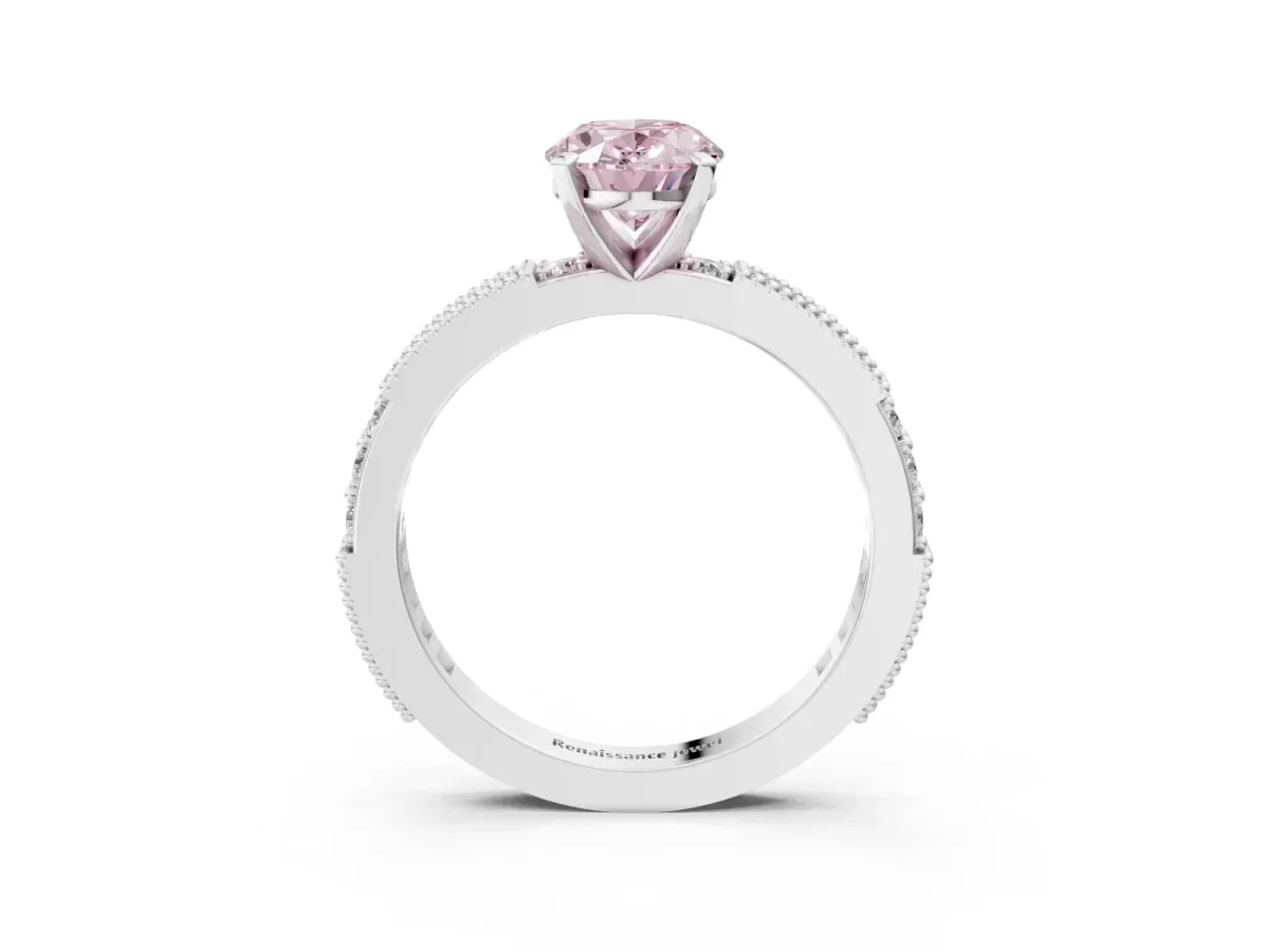 Fancy Pink Oval Cut Solitaire with Pavé Band and Four-Prong Setting Silver