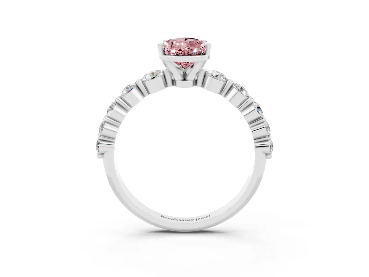 Pear Cut Solitaire Morganite Ring with Pave Band and Four-Prong Setting Platinum