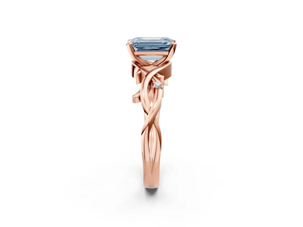 Fancy Blue Emerald Cut Diamond Solitaire Ring with Twisted Band and Prong Setting Rose gold