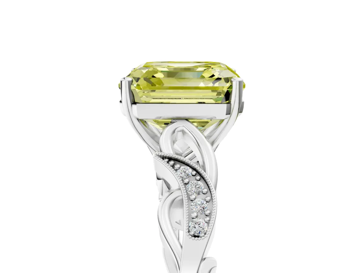 Fancy Yellow Asscher Cut Solitaire Vine Band with Milgrain Prong Setting Platinum