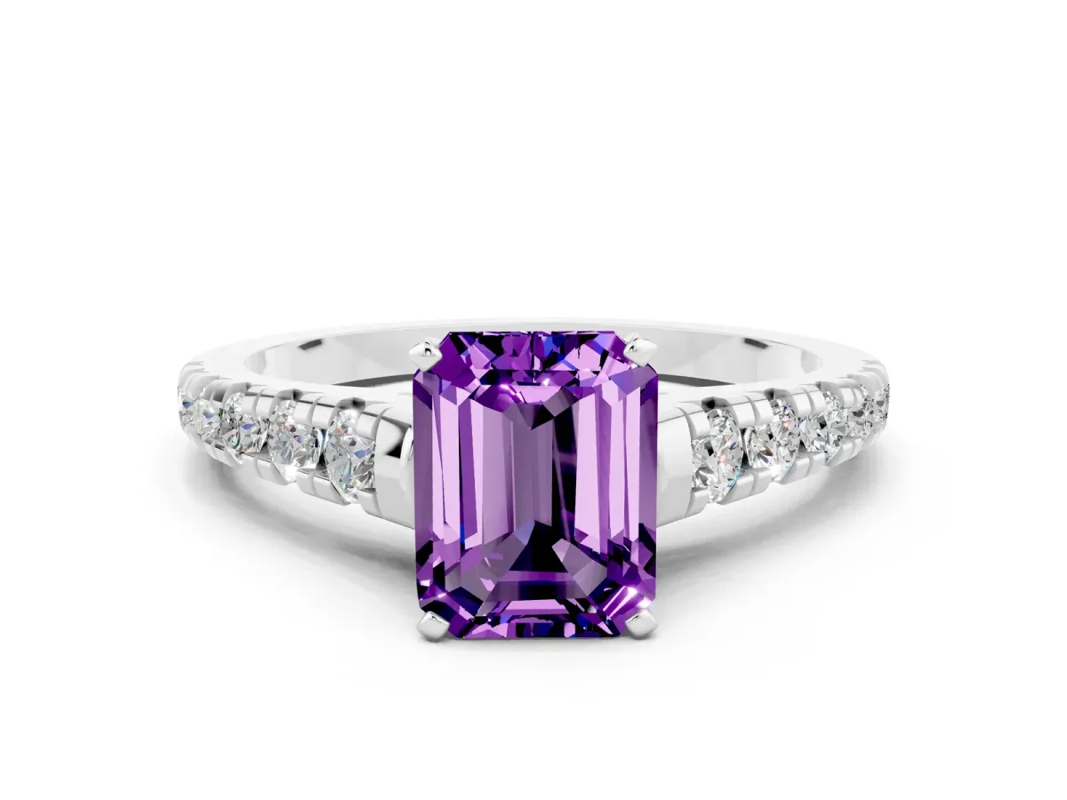 Emerald Cut Amethyst Cathedral Solitaire Ring with Round Pavé Band Platinum