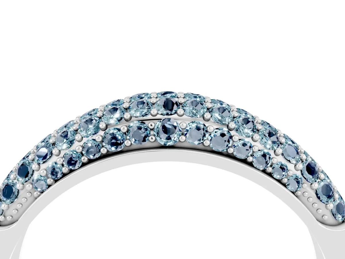Three-Row Pavé Round Aquamarine Dome Band Silver