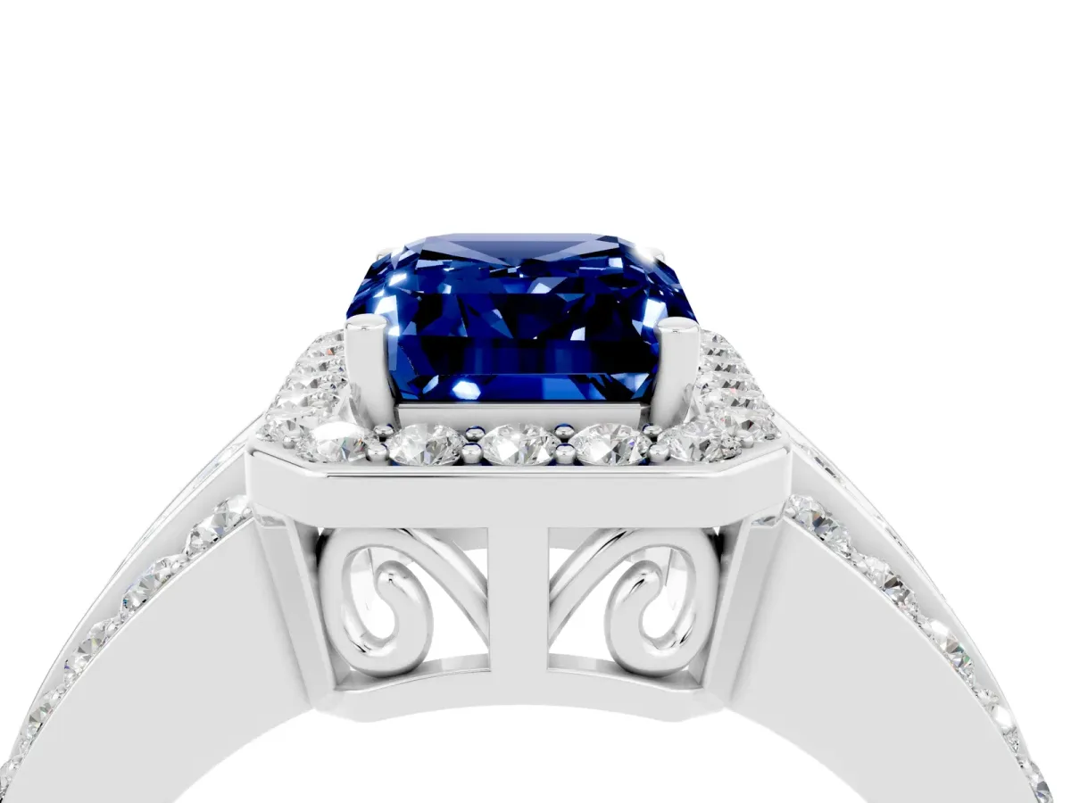 Emerald Cut Halo Blue Sapphire Ring with Round Split Shank and Prong Setting Platinum