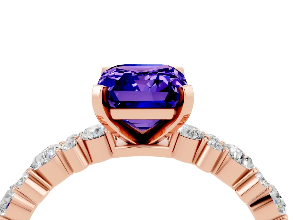 Emerald Cut Tanzanite Side Stone Solitaire Ring with Round and Four-Prong Setting Rose gold