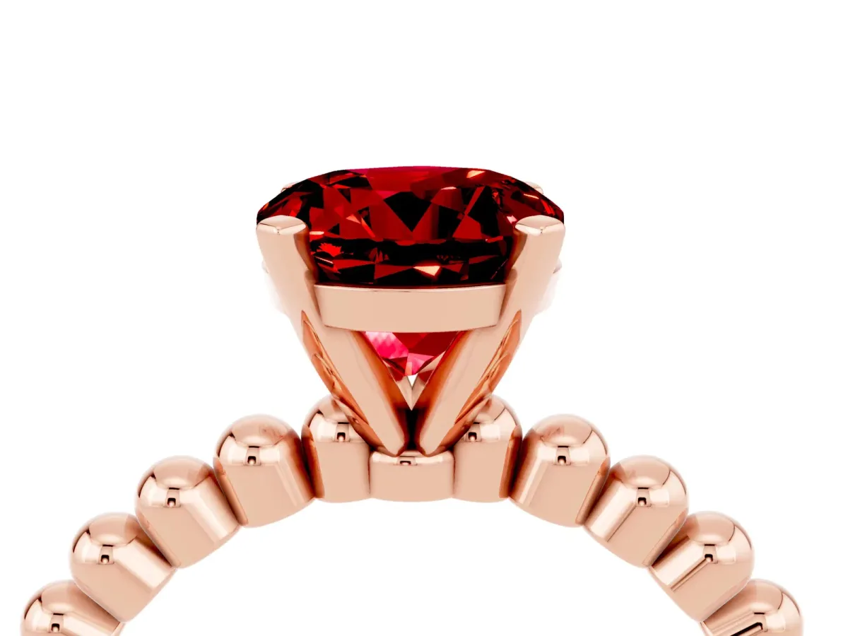 Round Cut Ruby Solitaire Ring with Beaded Band and Prong Setting Rose gold