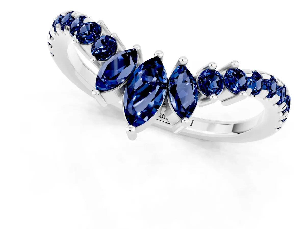 Chevron Marquise and Round Blue Sapphire Open Band with Prong Setting Silver