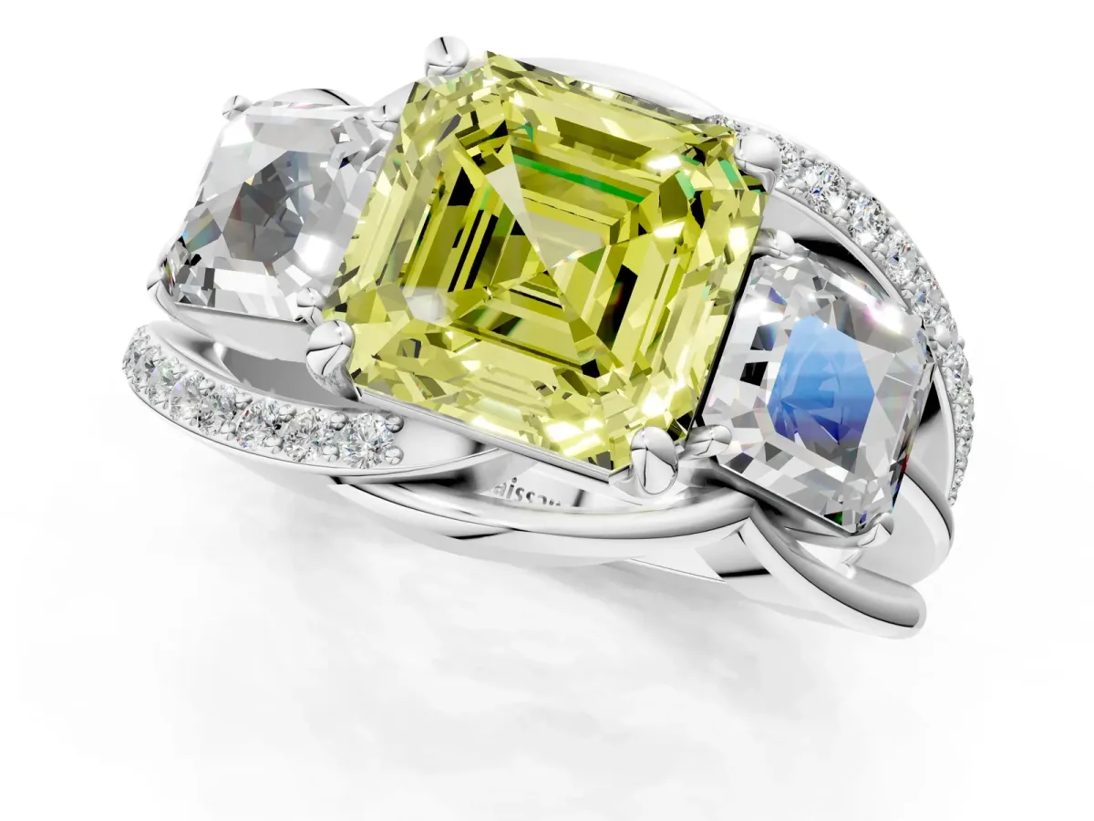 Fancy Yellow Three-Stone Asscher Cut Cut Diamond Split Shank Prong Set Ring Platinum