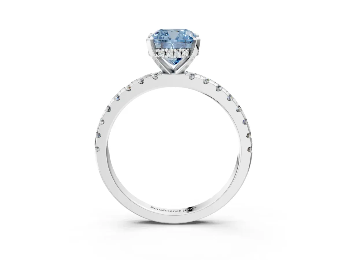 Fancy Blue Cushion Cut Diamond Solitaire Ring with Round Pavé Band and Four-Prong Setting Silver