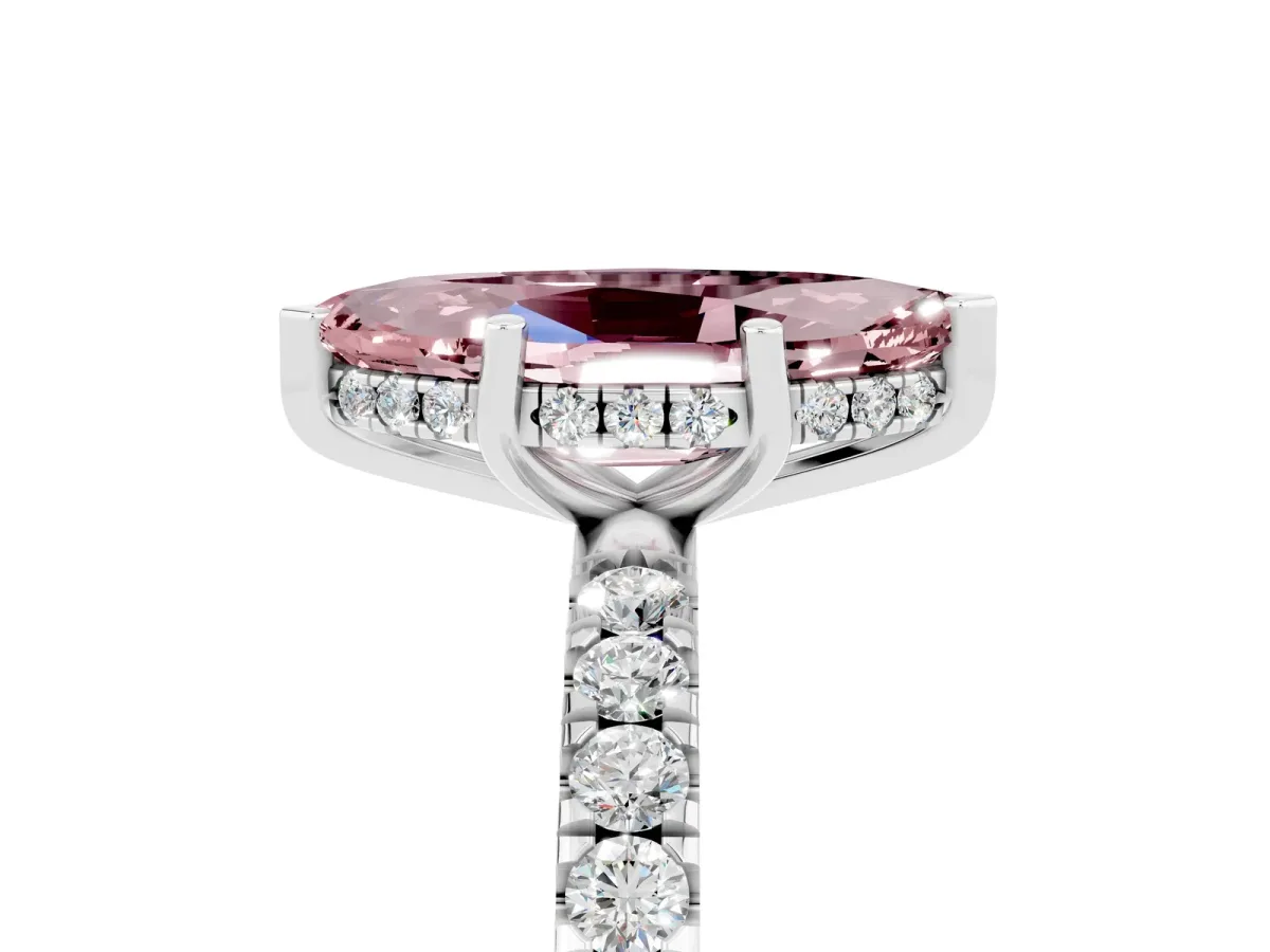 Marquise Cut Morganite Pave Band Solitaire Ring with Round and Prong Setting Silver
