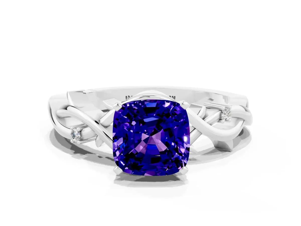 Cushion Cut Tanzanite Solitaire Ring with Twisted Band and Prong Setting Platinum