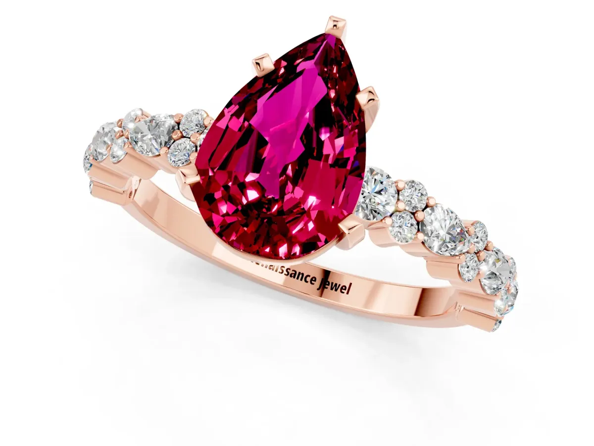 Pear Cut Garnet Side Stone Solitaire Ring with Round and Four-Prong Setting Rose gold