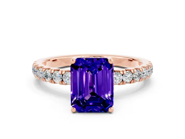 Emerald Cut Tanzanite Pave Band Solitaire Ring with Round and Prong Setting Rose gold