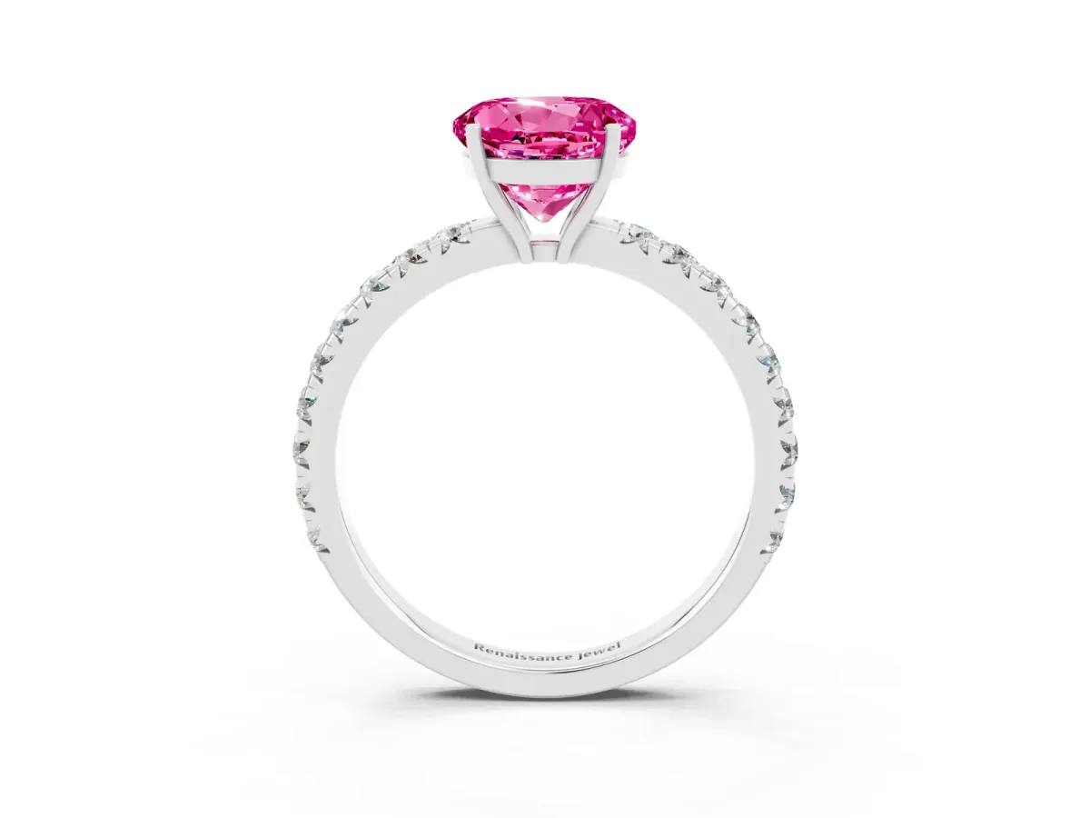 Round Cut Pink Sapphire Pavé Solitaire Engagement Ring with Four-Prong Setting Silver