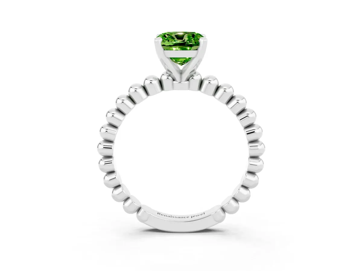 Cushion Cut Peridot Solitaire Ring with Beaded Band and Prong Setting Silver