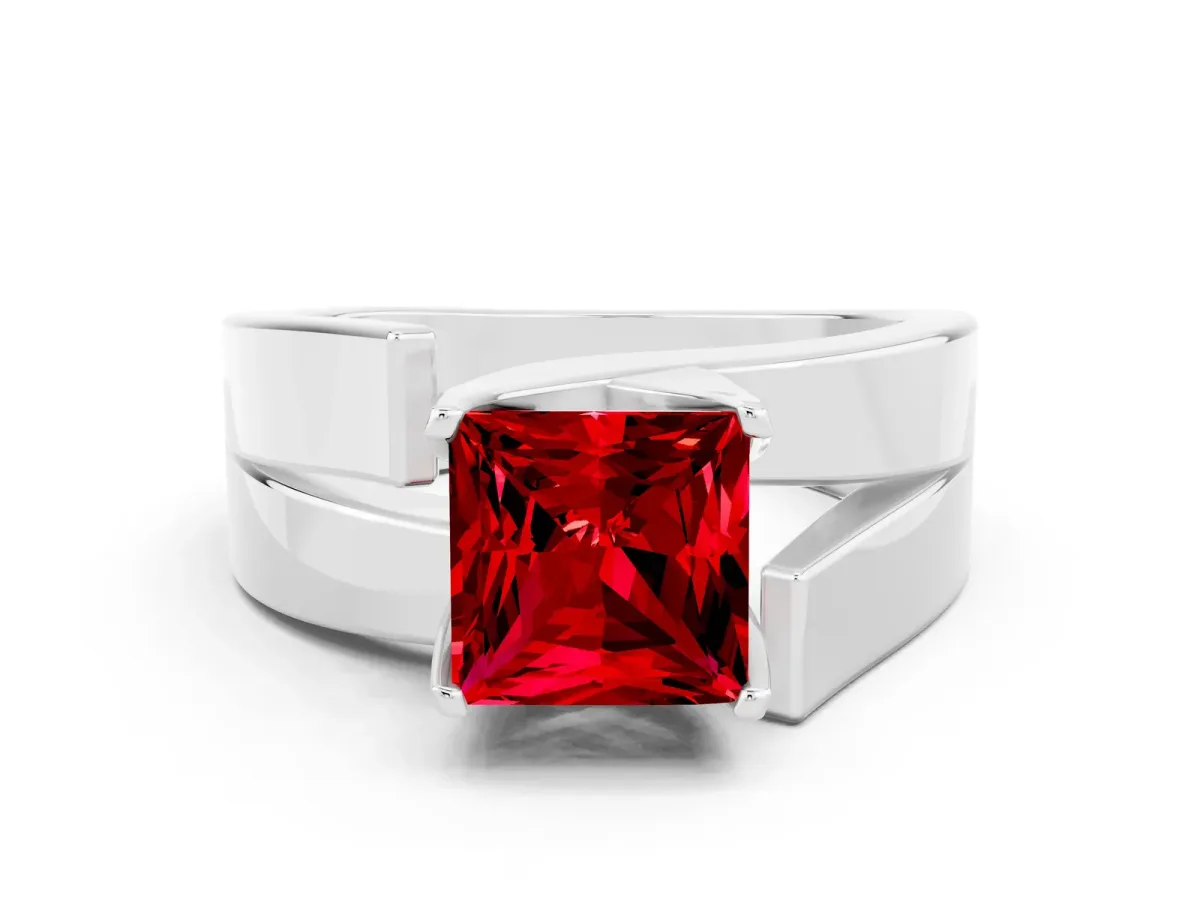Modern Tension Set Princess Cut Ruby Solitaire Wide Band Ring White gold