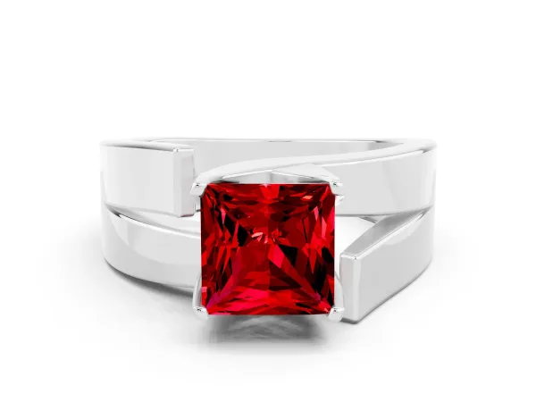 Modern Tension Set Princess Cut Ruby Solitaire Wide Band Ring Platinum