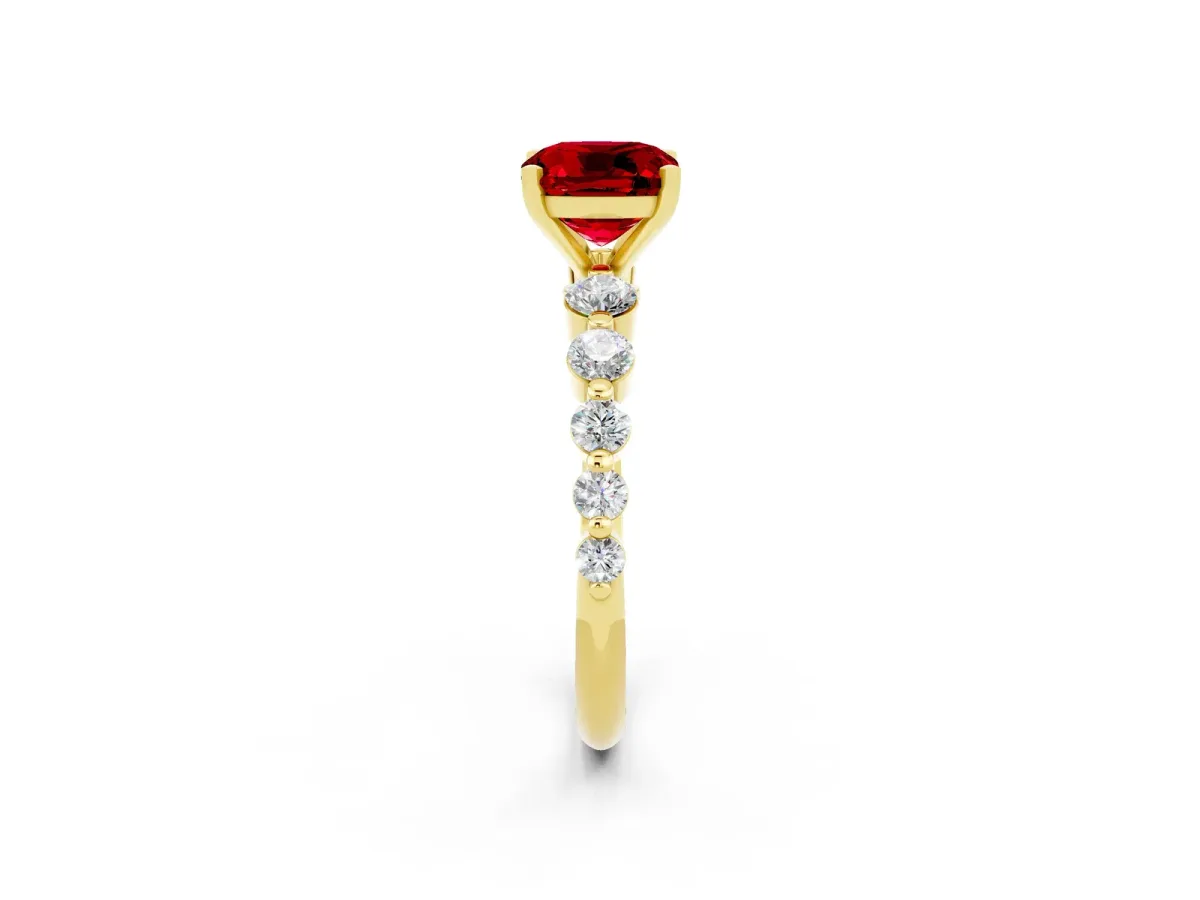 Cushion Cut Solitaire Ruby Ring with Pave Band and Four-Prong Setting Yellow gold