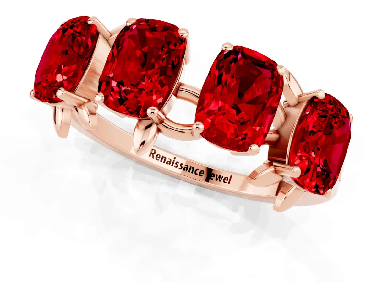 Four-Stone Elongated Cushion Ruby Band with Nature-Inspired Prong Setting Rose gold