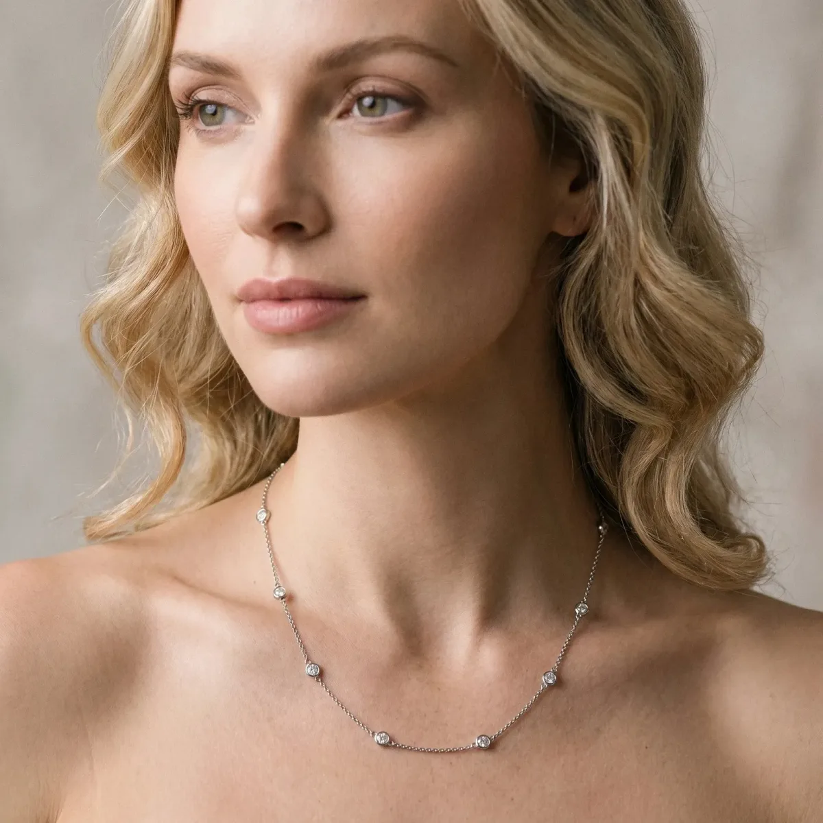 Bezel-Set Round Diamond Station Necklace with Cable Chain Silver