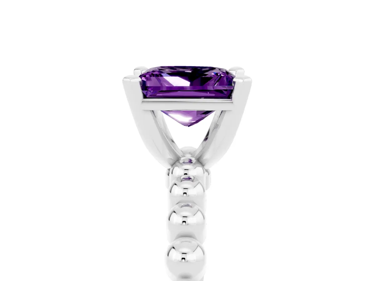Princess Cut Amethyst Solitaire Ring with Beaded Band and Prong Setting Platinum