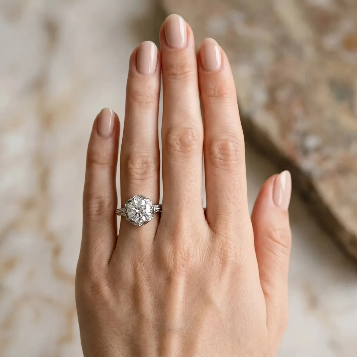 Round Cut Halo Split Shank Pave Diamond Ring with Petal Prong Setting Platinum