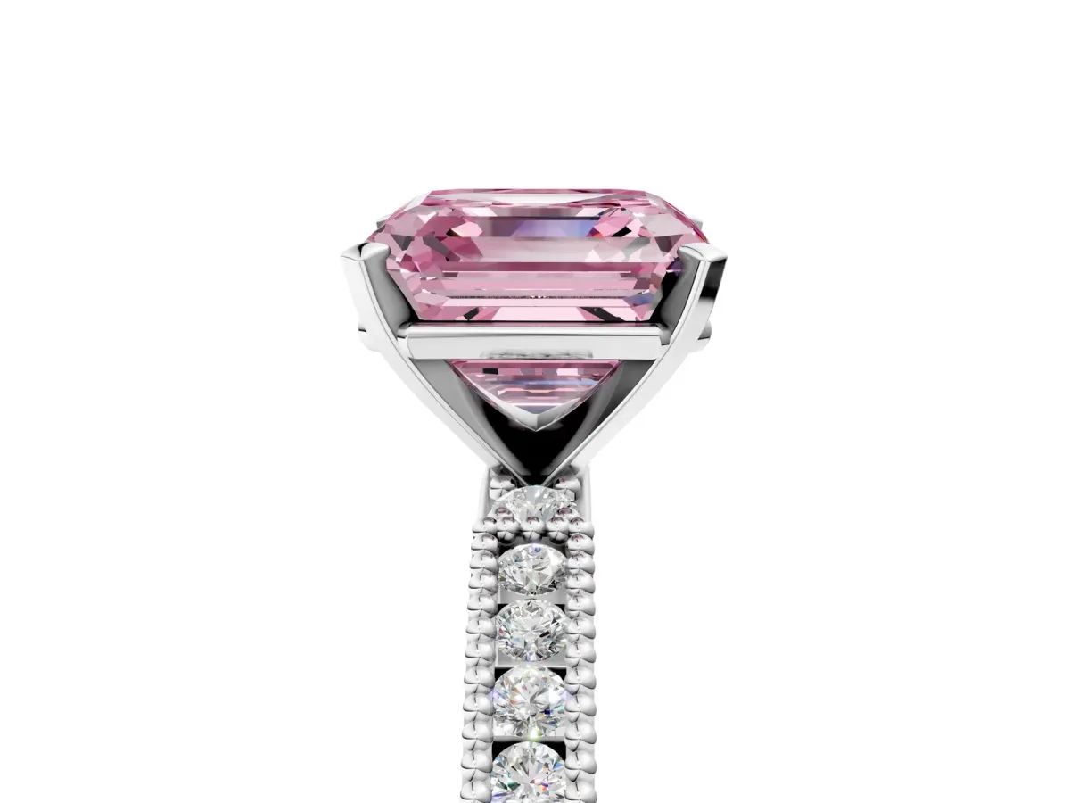 Fancy Pink Asscher Cut Solitaire with Pavé Band and Four-Prong Setting Silver