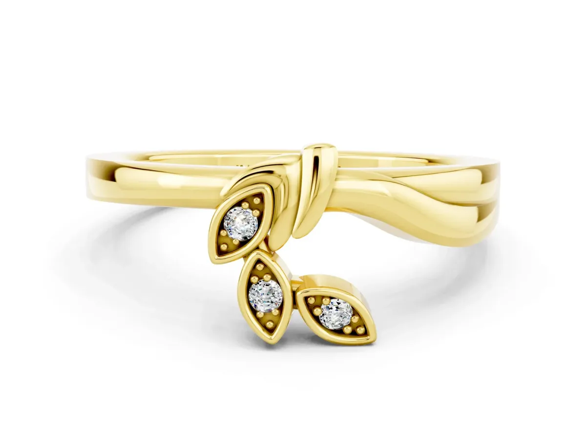 Three-Stone Round Moissanite Leaf Bypass Ring with Bezel Setting Yellow gold