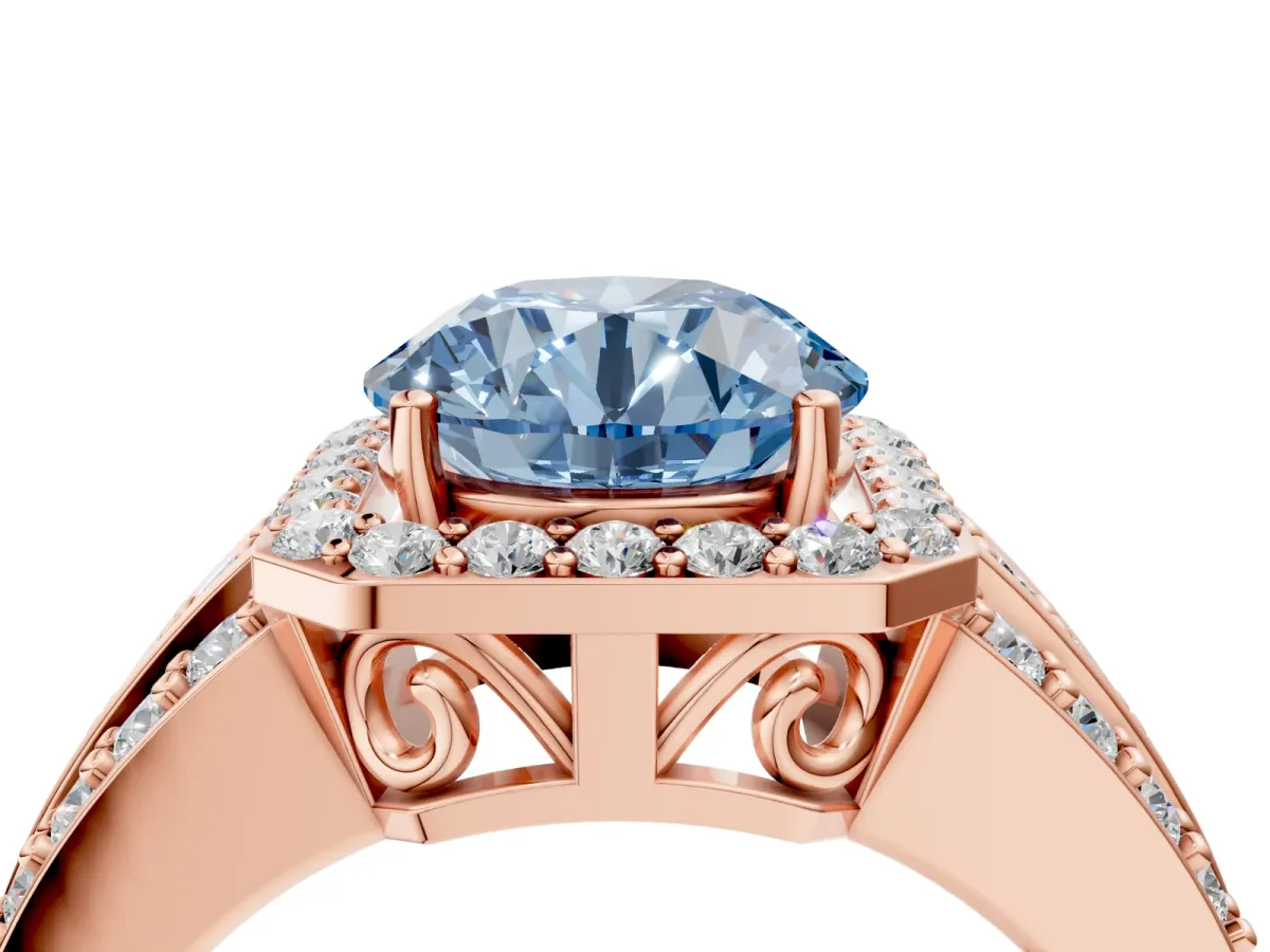 Fancy Blue Round Cut Halo Diamond Ring with Round Split Shank and Prong Setting Rose gold