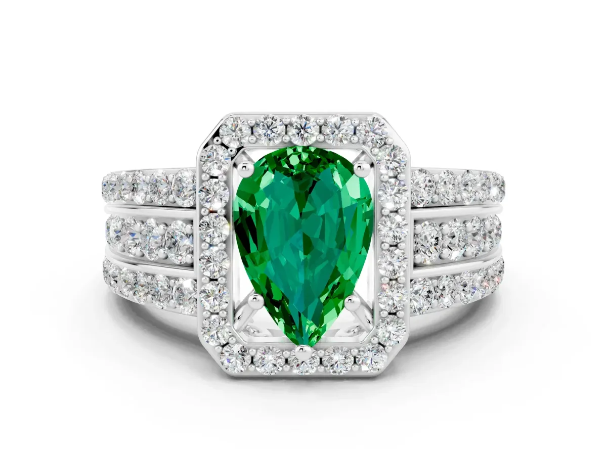 Pear Cut Halo Emerald Ring with Round Split Shank and Prong Setting Silver
