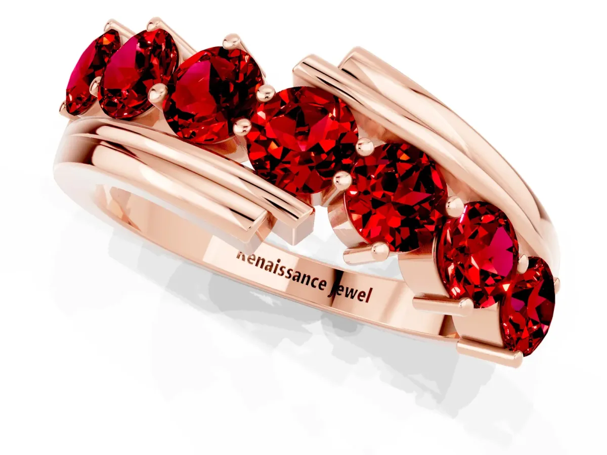 Round Ruby Wave Band with Channel and Shared Prong Setting Rose gold