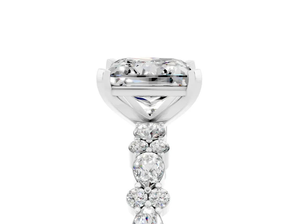 Princess Cut Moissanite Side Stone Solitaire Ring with Round and Four-Prong Setting Silver