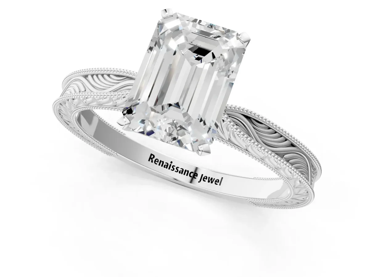 Emerald Cut Solitaire Milgrain Engraved Band with Four-Prong Setting White gold