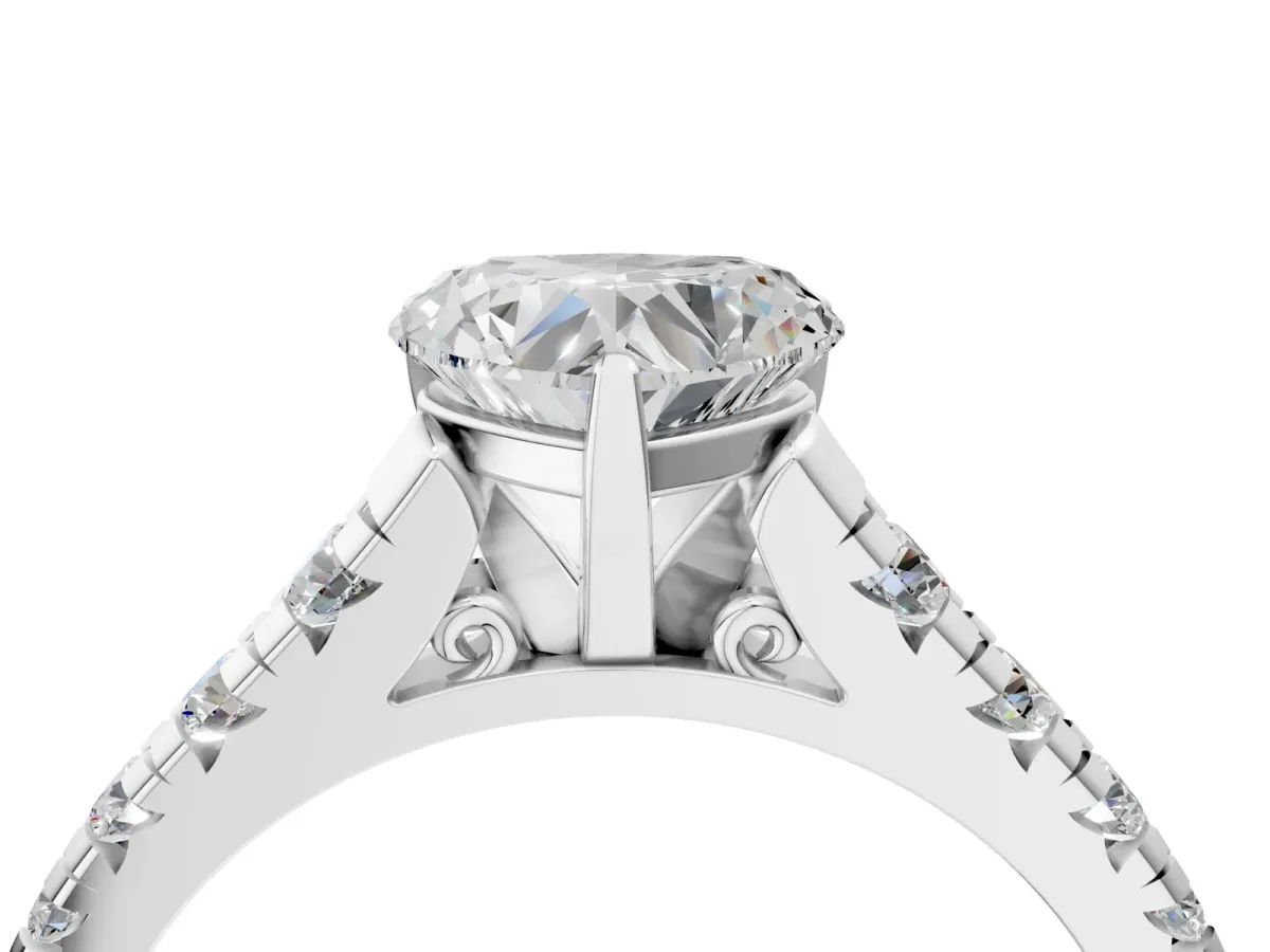 Heart Cut Diamond Cathedral Solitaire Ring with Round Pavé Band Platinum